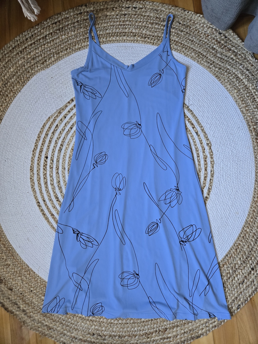 Vintage 90s Blue Slip Dress Black Line Floral Print Modern Minimalist Vacation